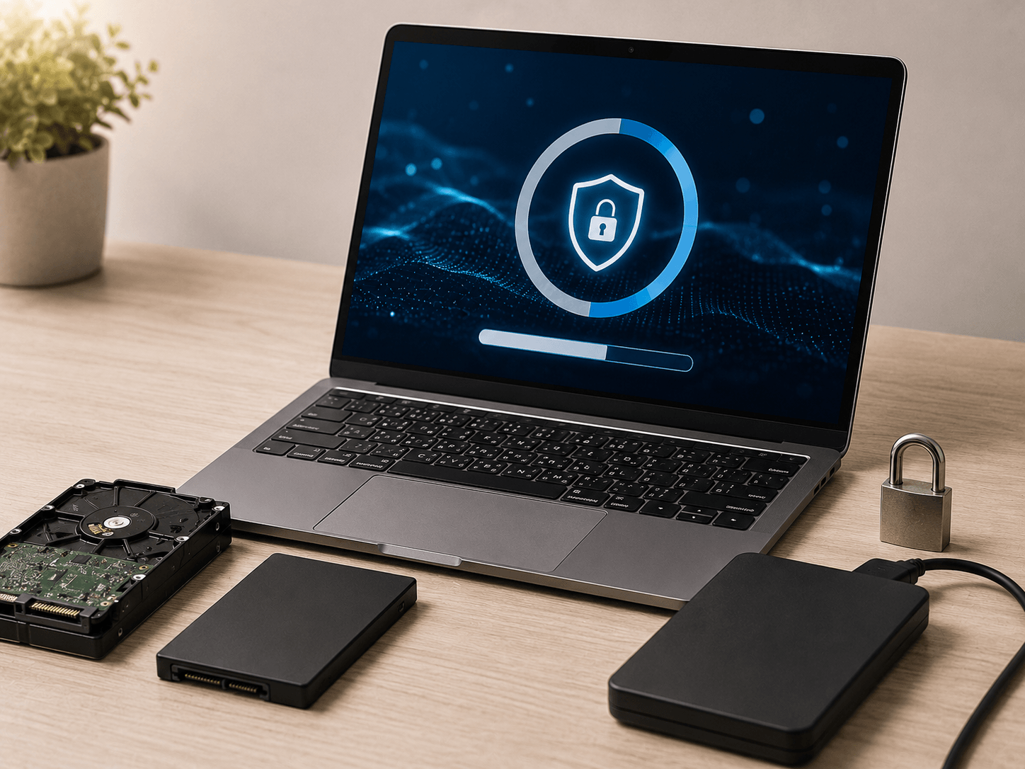 データ保護、鍵アイコン、作業スタッフ、HDD・SSDの写真。