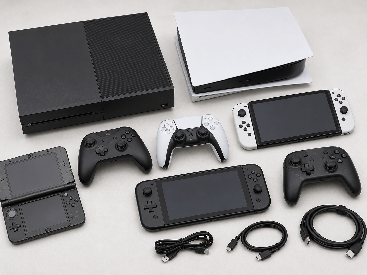 Switch、PlayStation、携帯ゲーム機のイメージ。公式商標が大きく目立たない自然な端末画像。