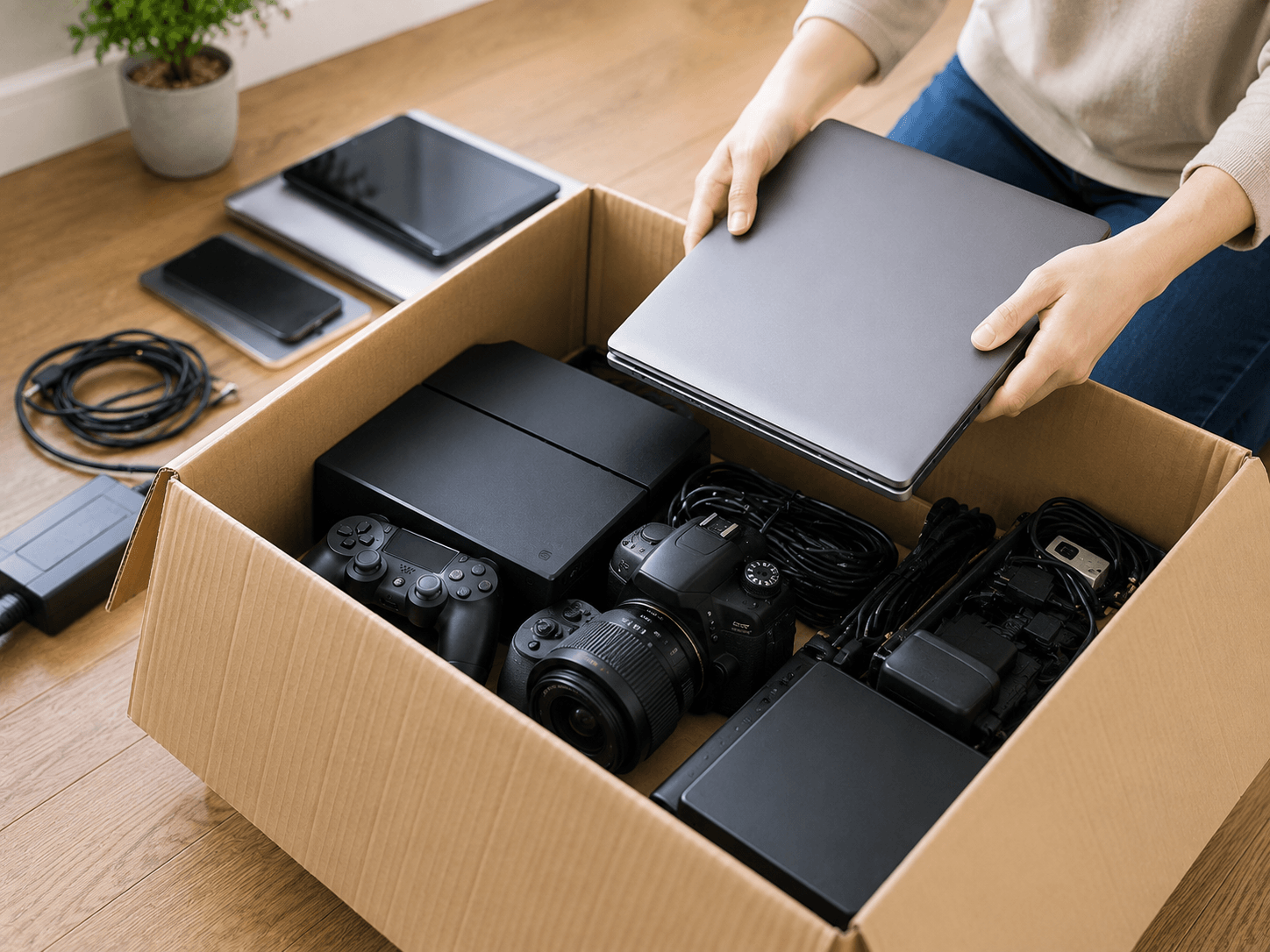 家庭で保管されている古いカメラ、または撮影機材を整理している写真。