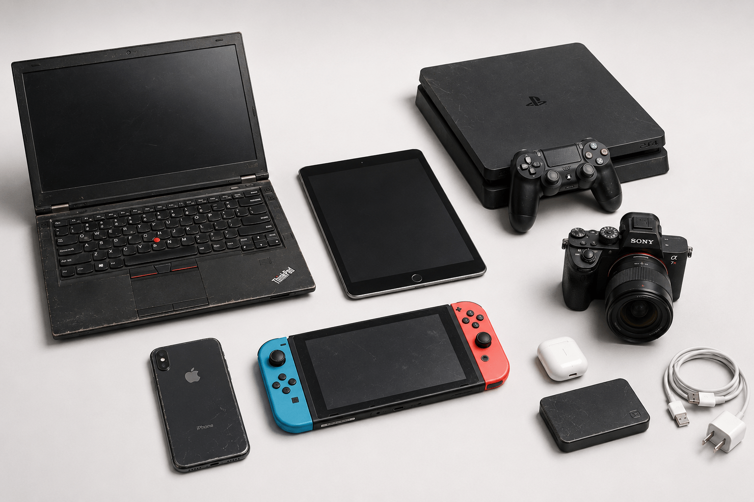 画面割れスマホ、古いノートPC、押し入れに眠っている機器など。生活感がありつつ、清潔感のある写真が合います。