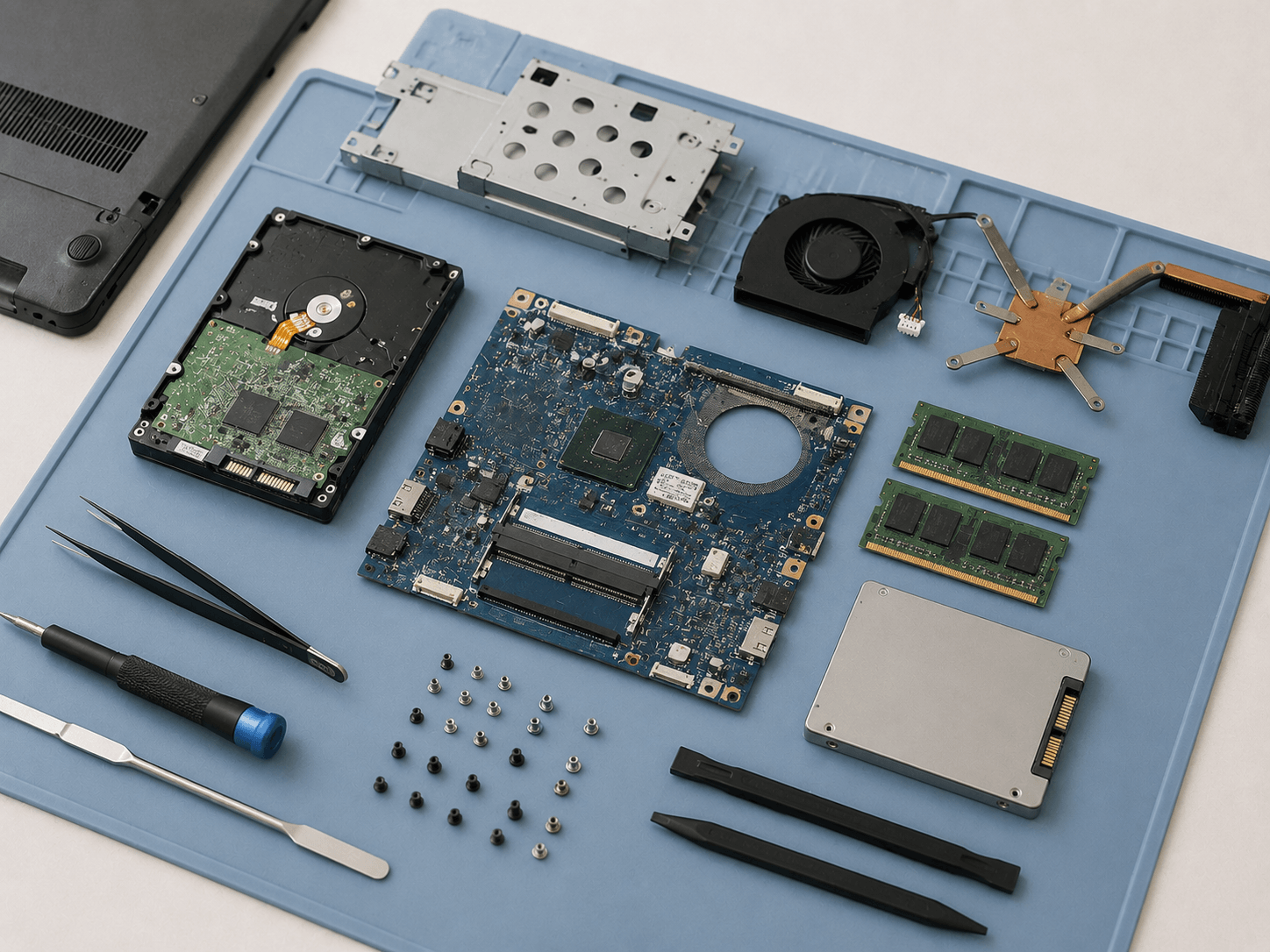 PC内部、基板、メモリ、SSD、分解作業のイメージ。壊れていても価値があることが伝わる写真がよいです。