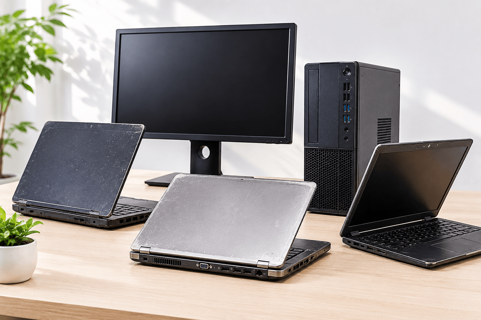 ノートPC、デスクトップPC、MacBookの組み合わせ画像。