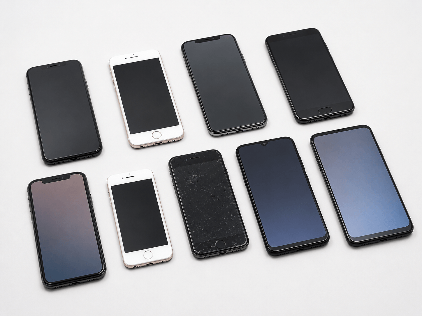 画面割れスマホ、複数スマホ、古い携帯などの画像。